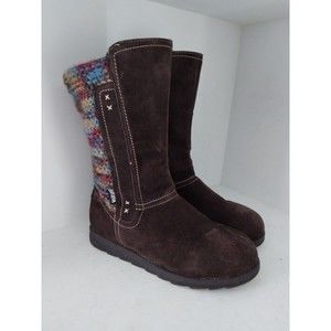 MUK LUKS Lilah Brown Faux Suede Multicolor Knit Faux Sherpa Lined Womens Size 7